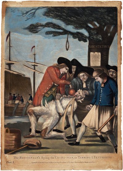 Bostonian&39;s Paying the Excise-man、またはTarring and Feathering、1774（手塗りの彫刻） 作： Philip Dawe
